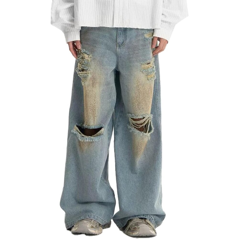 Unisex Y2K Baggy Ripped Jeans Loose Fit Distressed Skateboard Denim Pants